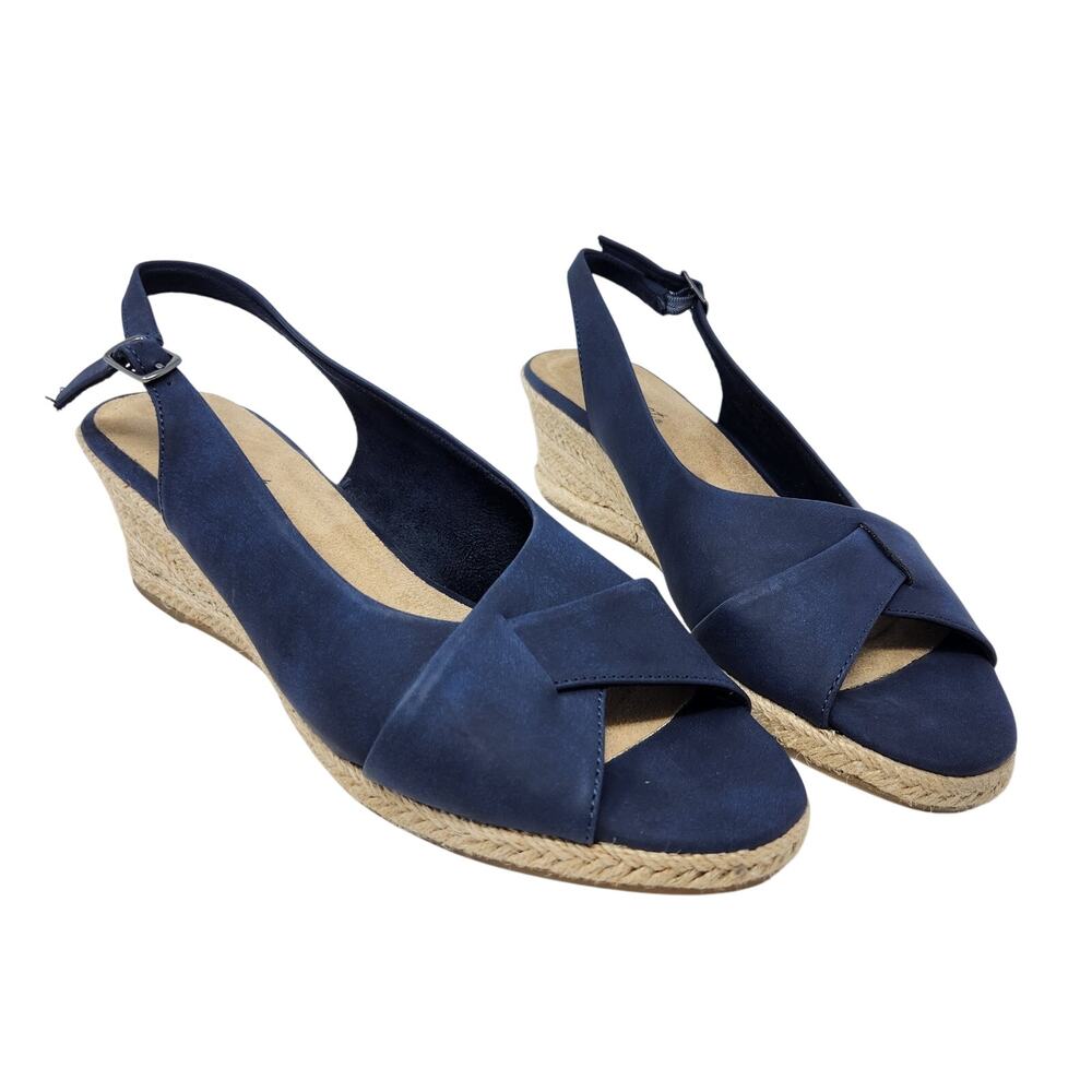 Easy Street Devlin Espadrille Wedge Sling Back Sandals Navy Blue Size 10 M
